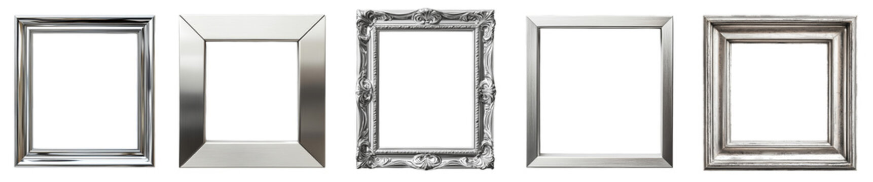 assorted silver picture frames artistic styles various shapes transparent background