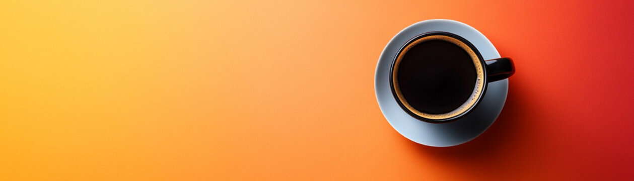 A cup of black coffee on a vibrant orange and yellow gradient background.