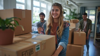 Young woman smiling while helping friends move boxes into a bright and cheerful living space, showcasing teamwork and friendship during relocation