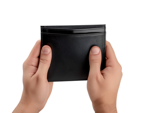 Male Hands Holding an Empty Black Wallet, Isolated on a Transparent Background, Perfect for Finance, Personal, or Lifestyle-Themed Designs