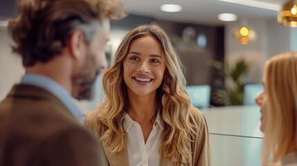 Obraz premium Smiling businesswoman engaging with colleagues in a modern office environment, showcasing teamwork and professional communication skills