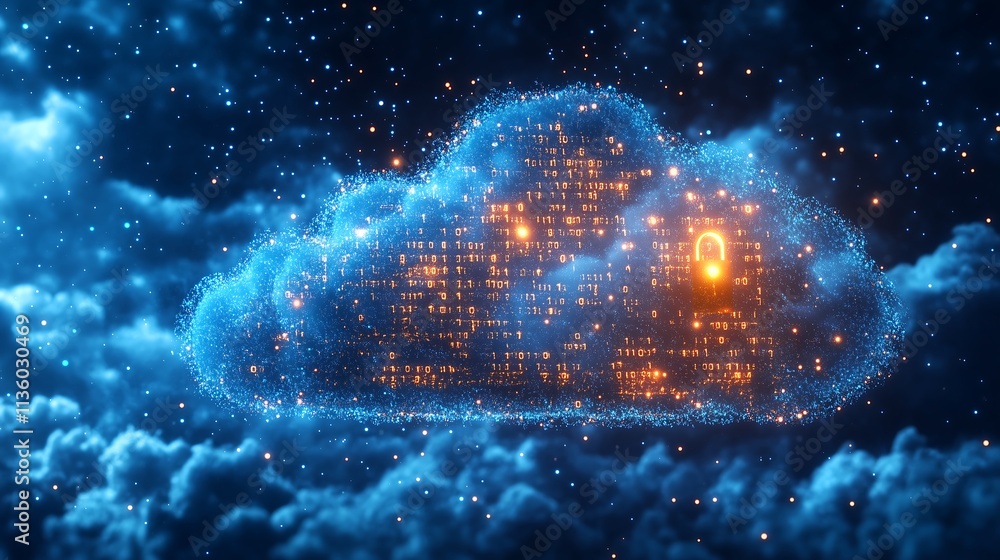 Poster cloud computing network: a glowing city within a cloud formation, illuminated by a radiant keyhole, 