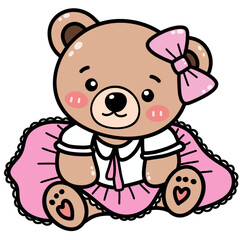 Drawing of a cute little girl bear Wearing a pink skirt on his birthday, his birthday