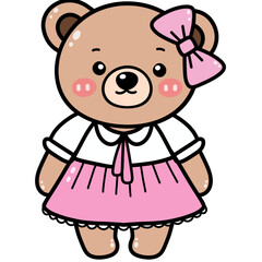 Drawing of a cute little girl bear Wearing a pink skirt on his birthday, his birthday