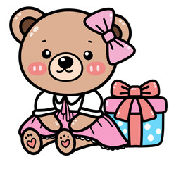 Drawing of a cute little girl bear wearing a pink skirt Sitting with his birthday present box
