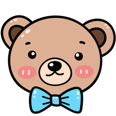 A drawing of a cute little bear's face with a blue bow around his neck. bright smiling face