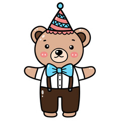 A drawing of a cute little bear standing and smiling brightly. A blue bow is attached to the collar. hand painted