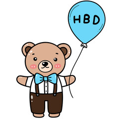 A drawing of a little bear standing and holding a blue balloon. hand painted