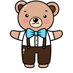 A drawing of a cute little bear standing and smiling brightly. A blue bow is attached to the collar. hand painted