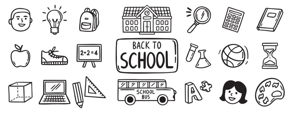 Back to School doodle hand drawn icon set. Outline drawing school items line clipart symbol collection 