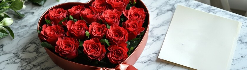 Obraz premium Heart-shaped box filled with red roses on marble desk next to blank card, perfect for love or special occasion gifting