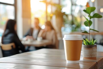 A warm coffee cup sits on a wooden table with blurred figures enjoying conversation in a cozy cafe setting filled with natural light.