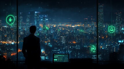 Cyber City Skyline: A silhouette of a businessman gazing out over a futuristic cityscape, the glow of technology illuminating the cityscape.  The scene evokes a sense of power, progress.
