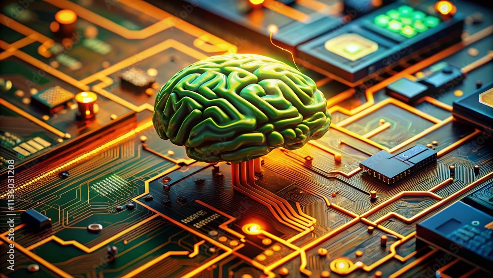 Poster aerial view ai brain circuit board - neural network technology, artificial intelligence system