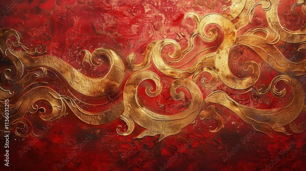 Poster vibrant abstract art with rich red background and elegant gold swirls creating a dynamic visual expe