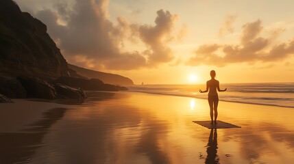 A woman stands in a yoga pose on a beach as the sun sets.