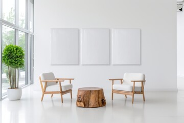A minimalist living space featuring two chairs and a wooden table, with large windows letting in natural light and three blank frames on the wall.