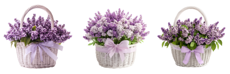 lavender flower arrangements in white baskets elegant display transparent background