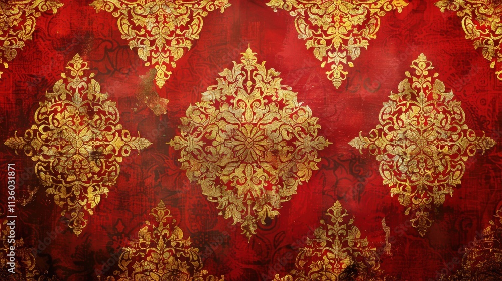 Poster ornate red and gold background with intricate floral patterns and decorative elements for elegant de