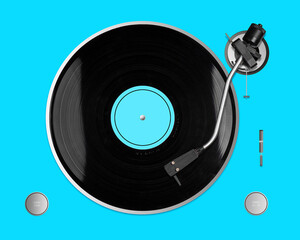 Vinyl Record player, blue background. Top view. Musical