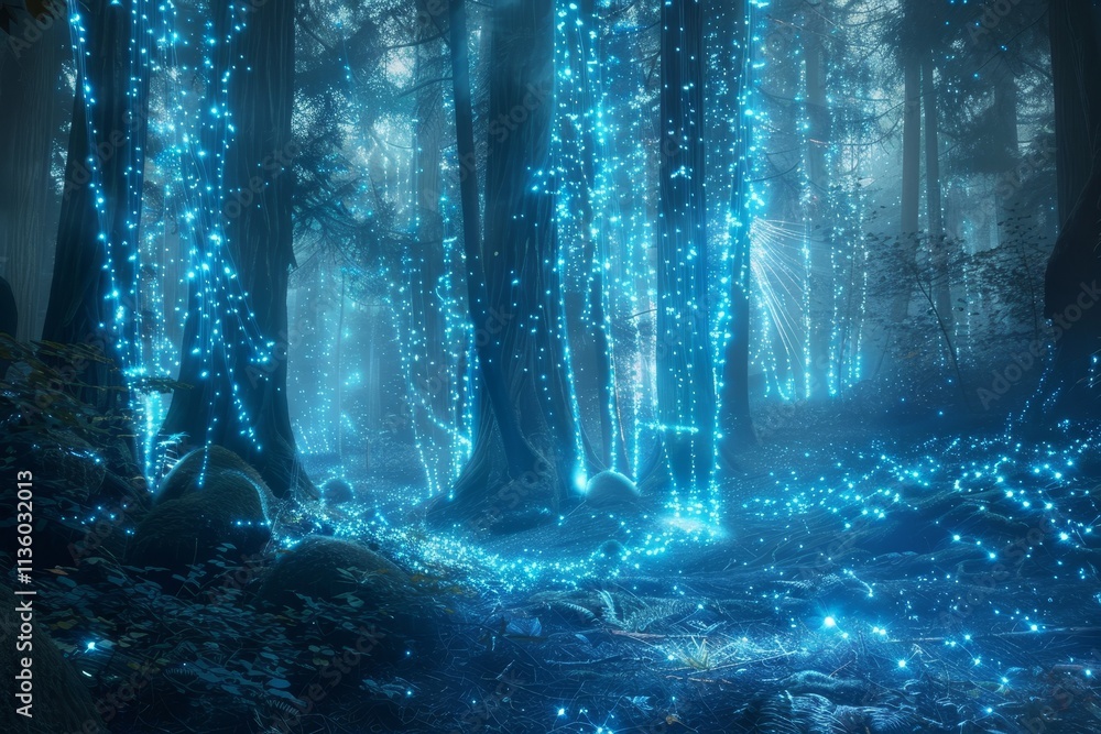 Poster a serene forest scene with blue lights illuminating the trees and ground, creating a magical atmosph