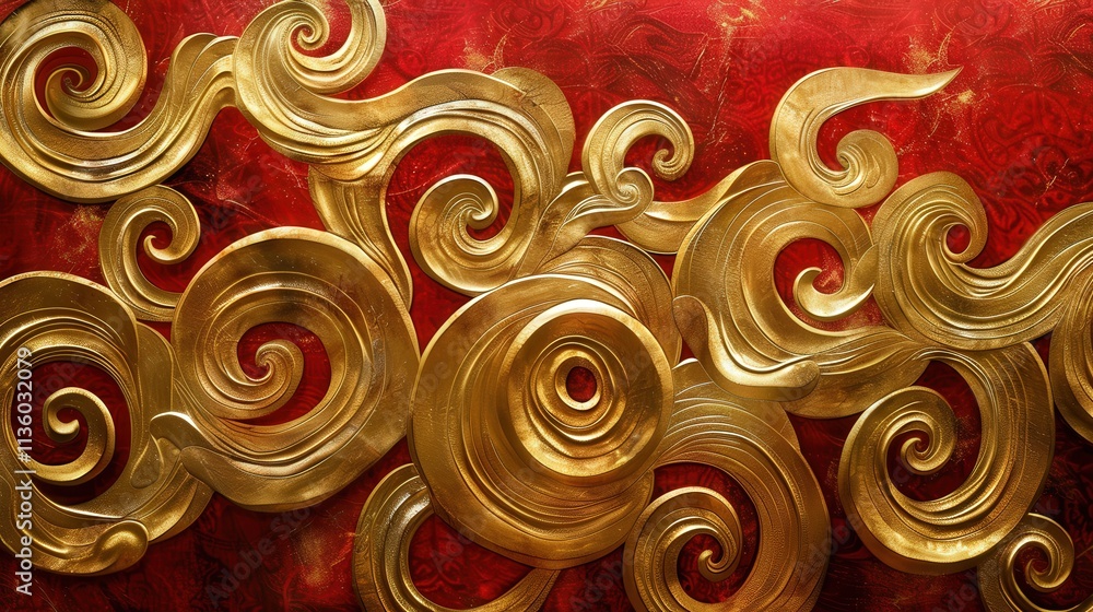 Poster elegant golden swirls on rich red background creating a luxurious and artistic atmosphere for interi