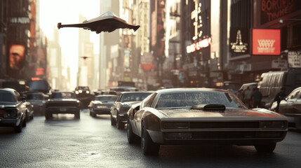 Futuristic cityscape with flying cars above a busy urban street scene