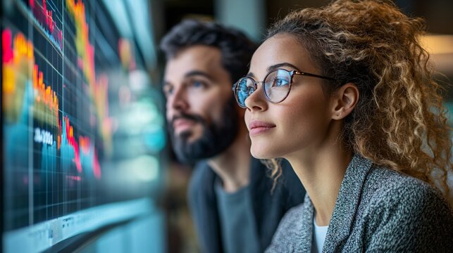 A focused couple analyzes data on a screen, showcasing modern collaboration in finance or technology.