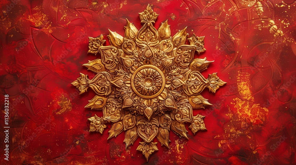 Poster intricate golden mandala on vibrant red background with beautiful patterns and textures enveloping t