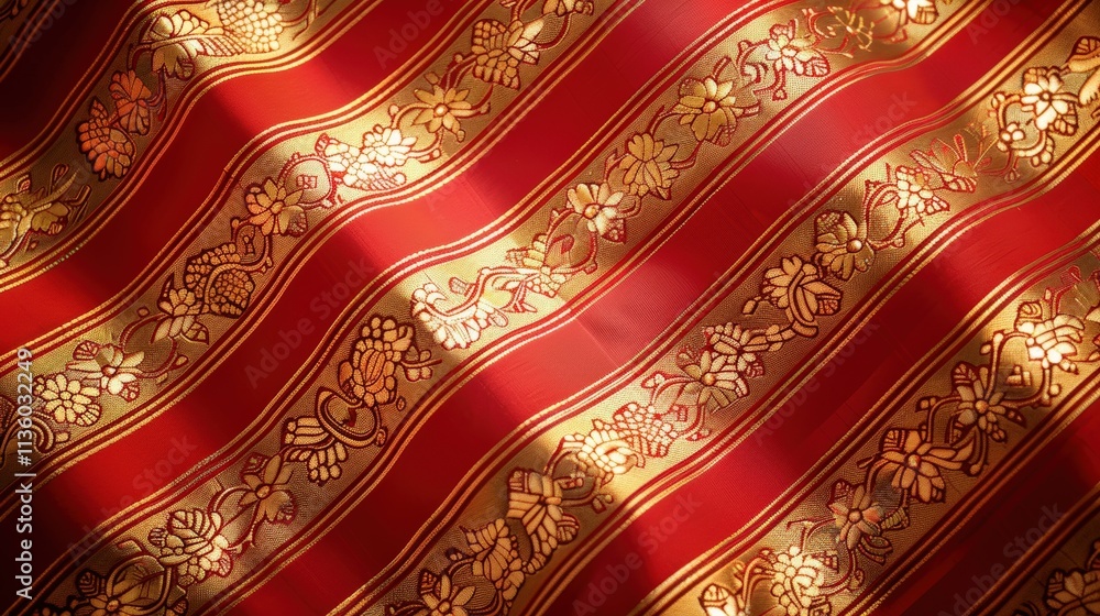 Poster elegant red fabric with intricate golden floral patterns and textures for decor and design use in ba