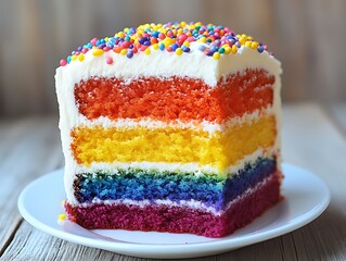 Rainbow layered cake with colorful sprinkles