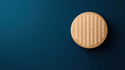 A round, gold-colored object with patterned engraving sits against a dark blue background, casting subtle shadows and highlighting its design.