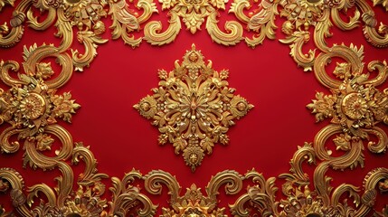 Ornate golden floral patterns on vibrant red background, intricate design elements featuring elaborate details and luxurious textures suitable for decoration