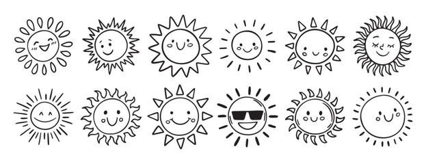 Cute kids sun doodle hand drawn icon set. Outline drawing funny happy smile suns cartoon characters line clipart symbol collection