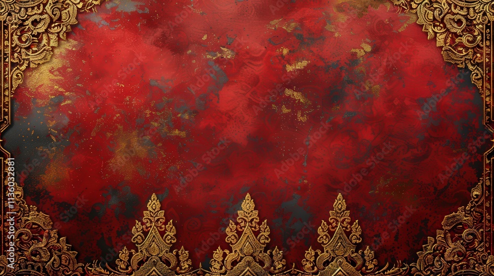 Poster ornate red and gold floral background with intricate patterns and textures for elegant design and cr