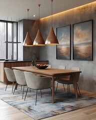 A modern dining room featuring a wooden table, stylish chairs, pendant lighting, and artwork against a textured wall.