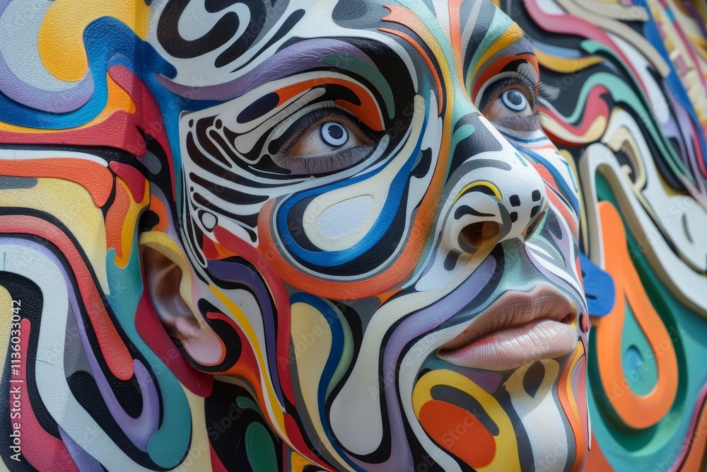 Poster a close-up view of a persons face covered in abstract swirls and patterns, a face covered in abstrac