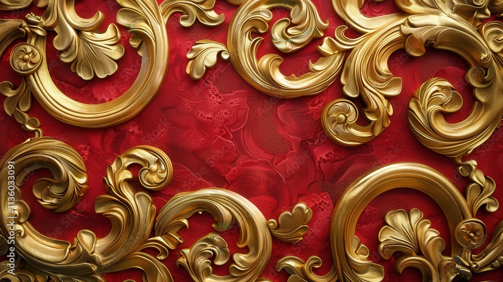 Poster elegant gold scrollwork on rich red background with intricate floral patterns and baroque design ele