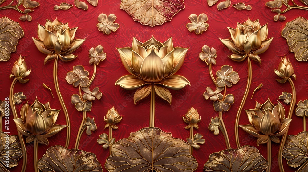 Poster elegant gold lotus flower embossed design on vibrant red background with intricate leaf patterns and
