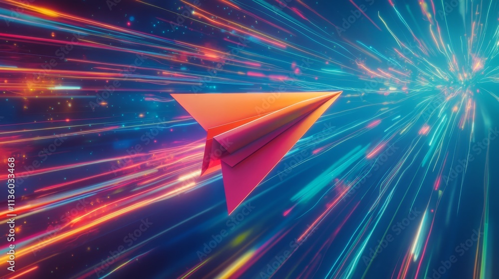 Poster dynamic paper airplane flight digital universe animation abstract environment futuristic viewpoint c