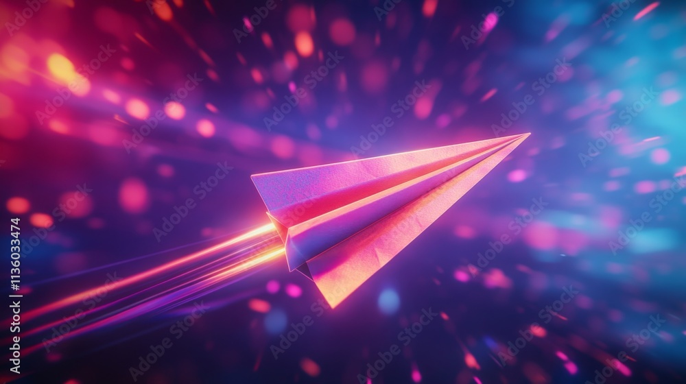 Poster dynamic paper airplane soaring through a neon space visual art futuristic environment abstract conce