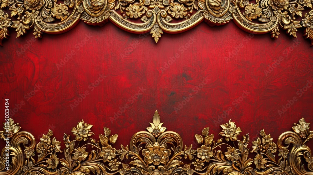 Poster ornate decorative border with floral patterns on rich red background for elegant design projects and