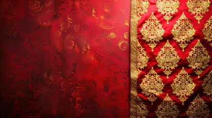 Elegant red and gold fabric with intricate patterns and textures ideal for luxury design, decor, or textile applications in creative projects