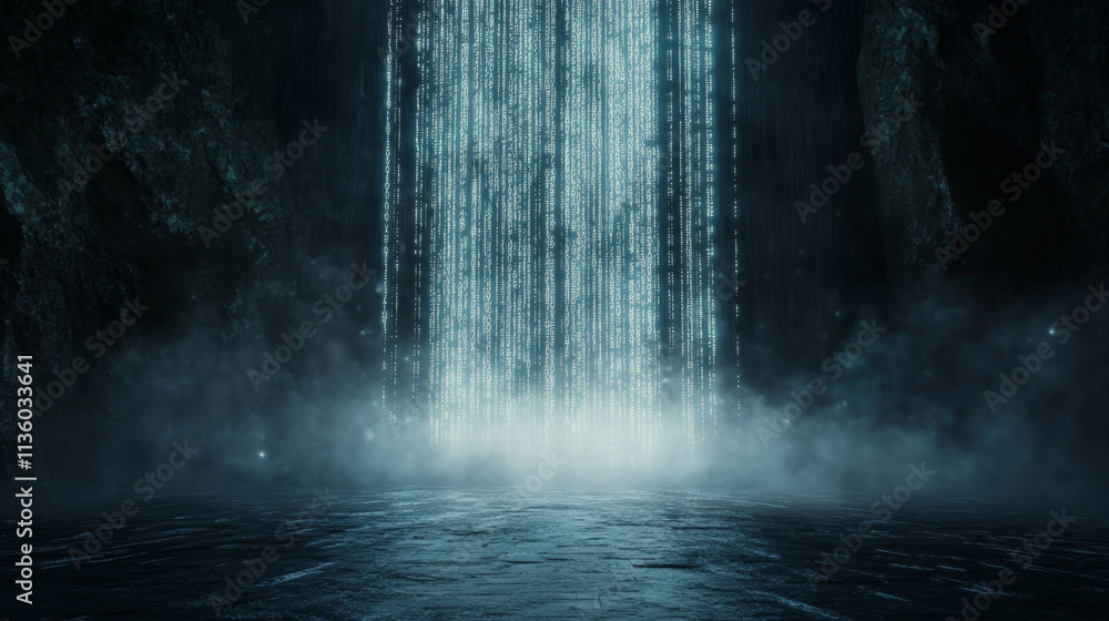 Poster futuristic digital waterfall of binary code in a mystical cave setting