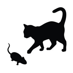 A cat chasing a mouse black and white vector illustration