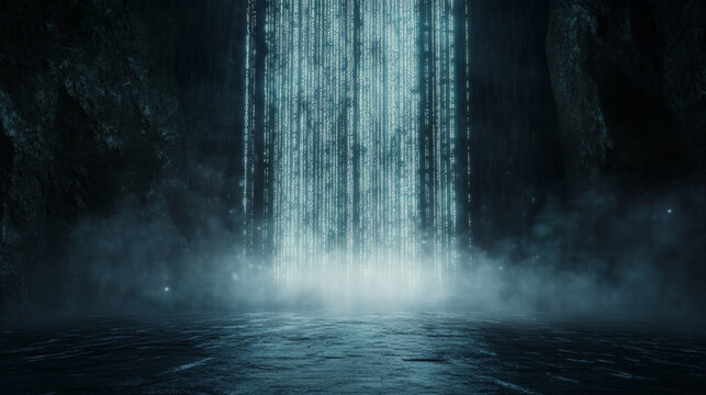Futuristic digital waterfall of binary code in a mystical cave setting