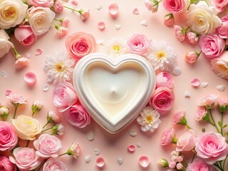Aerial View of a Creamy Heart-Shaped Cosmetic Cream for Valentine's Day, Surrounded by Delicate Flowers, Evoking Love and Pampering for a Special Occasion