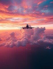 An airplane flies above a stunning sunset, clouds create a breathtaking panorama. A tranquil and adventurous scene.