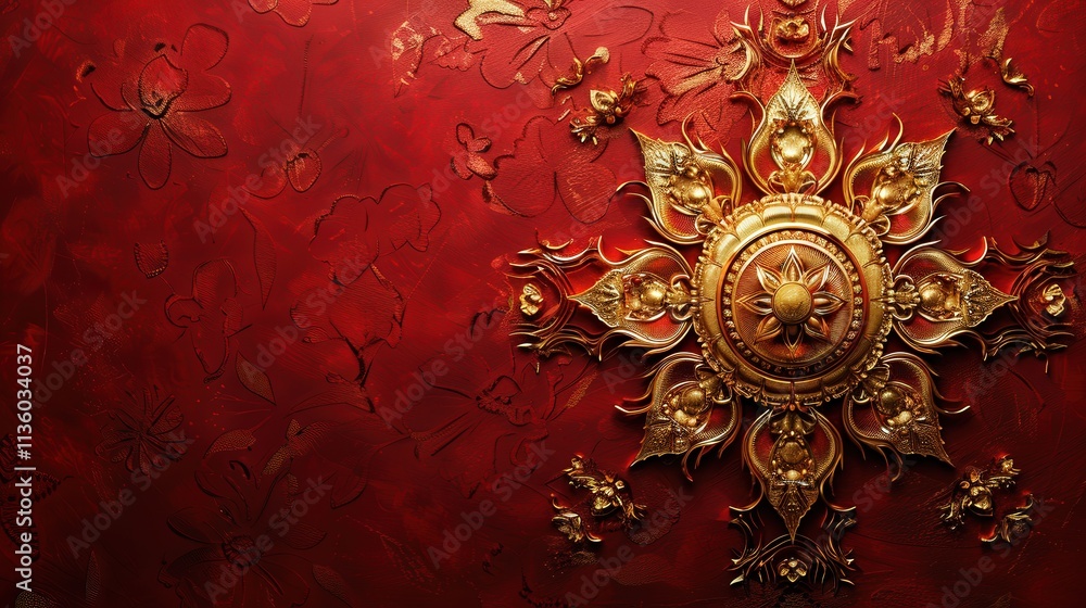 Poster ornate decorative element on a rich red background with artistic floral patterns and textured detail