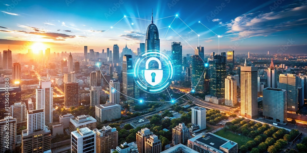 Poster aerial view of a digital lock symbolizing multifactor authentication in cybersecurity with futuristi